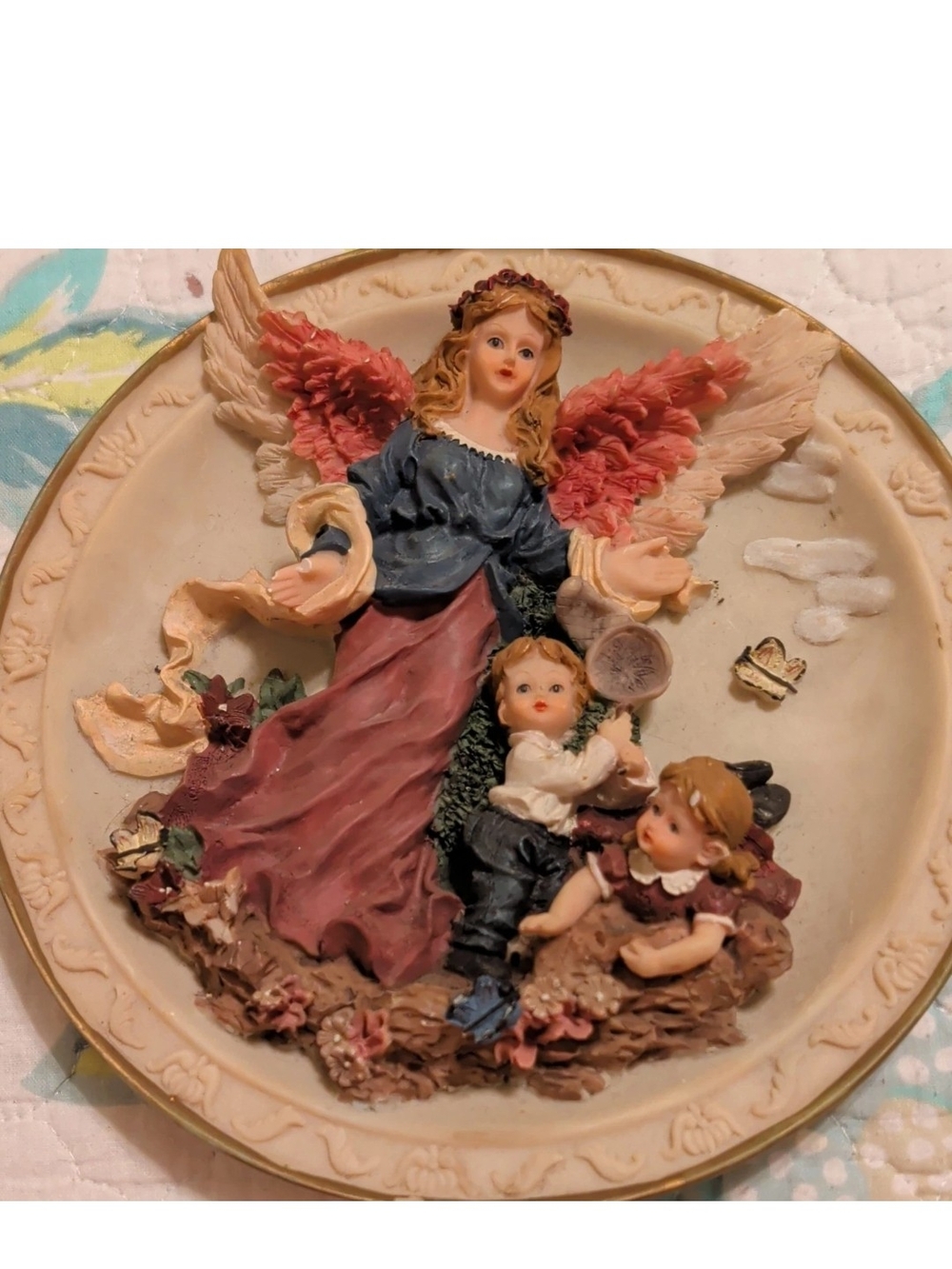 Angel Wall Plaque with Children in Pink, Blue and Cream